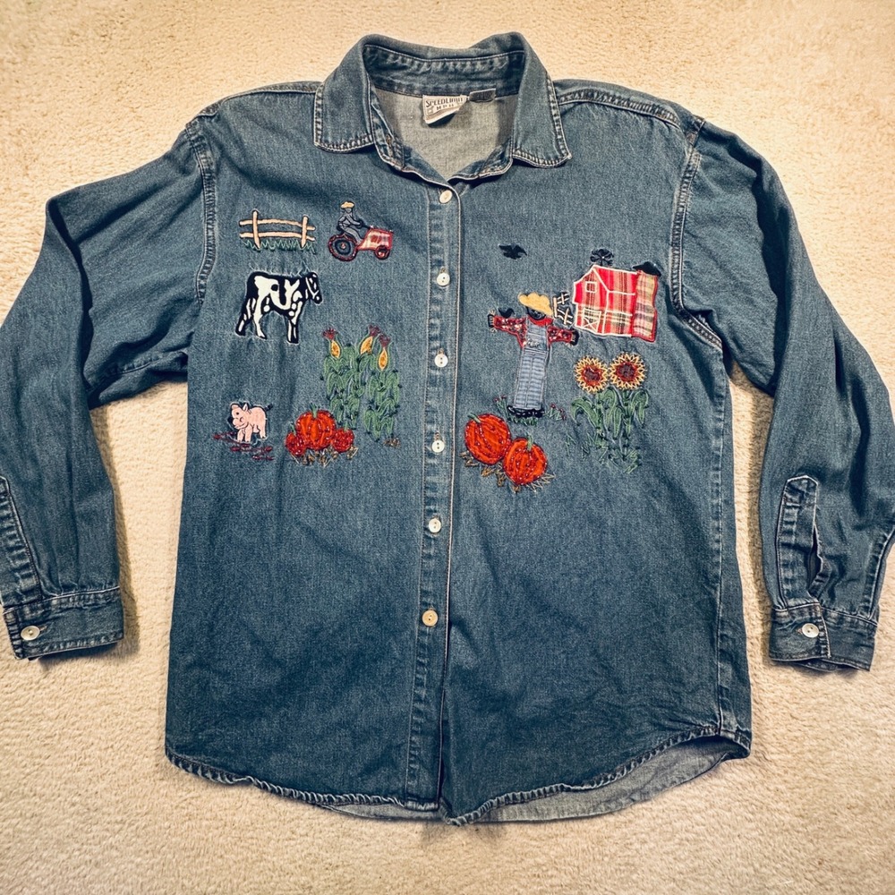 Vintage Speed‎ Limit Denim Shirt Farm Embroidery Countrycore Western L Fall